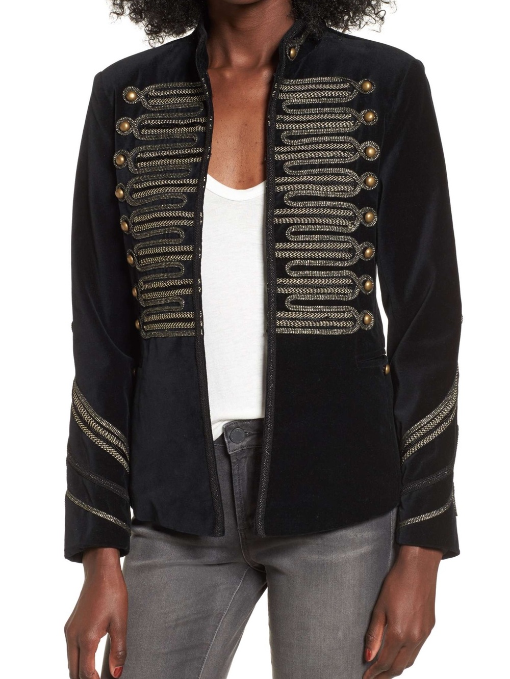BlankNYC Military Black Velvet Jacket with Gold Braid